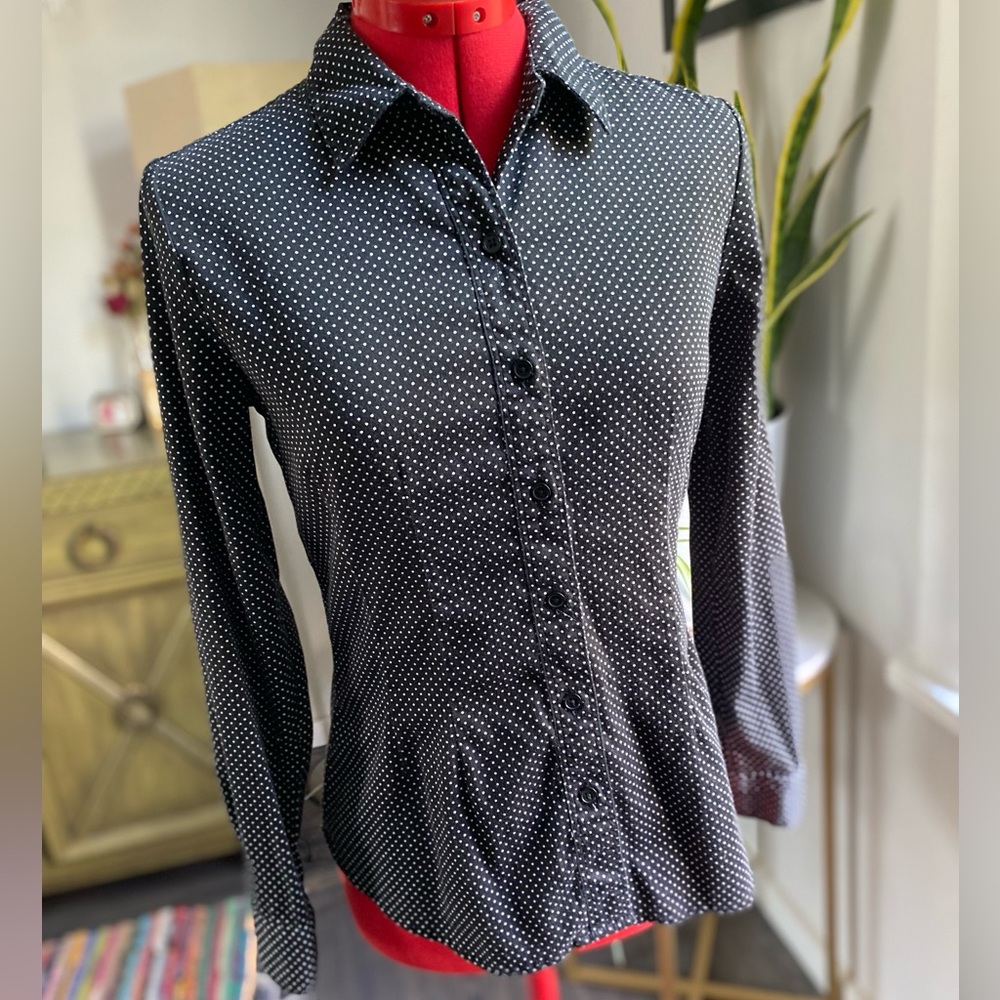 APT. 9 black button down w/ white polka dots, size small